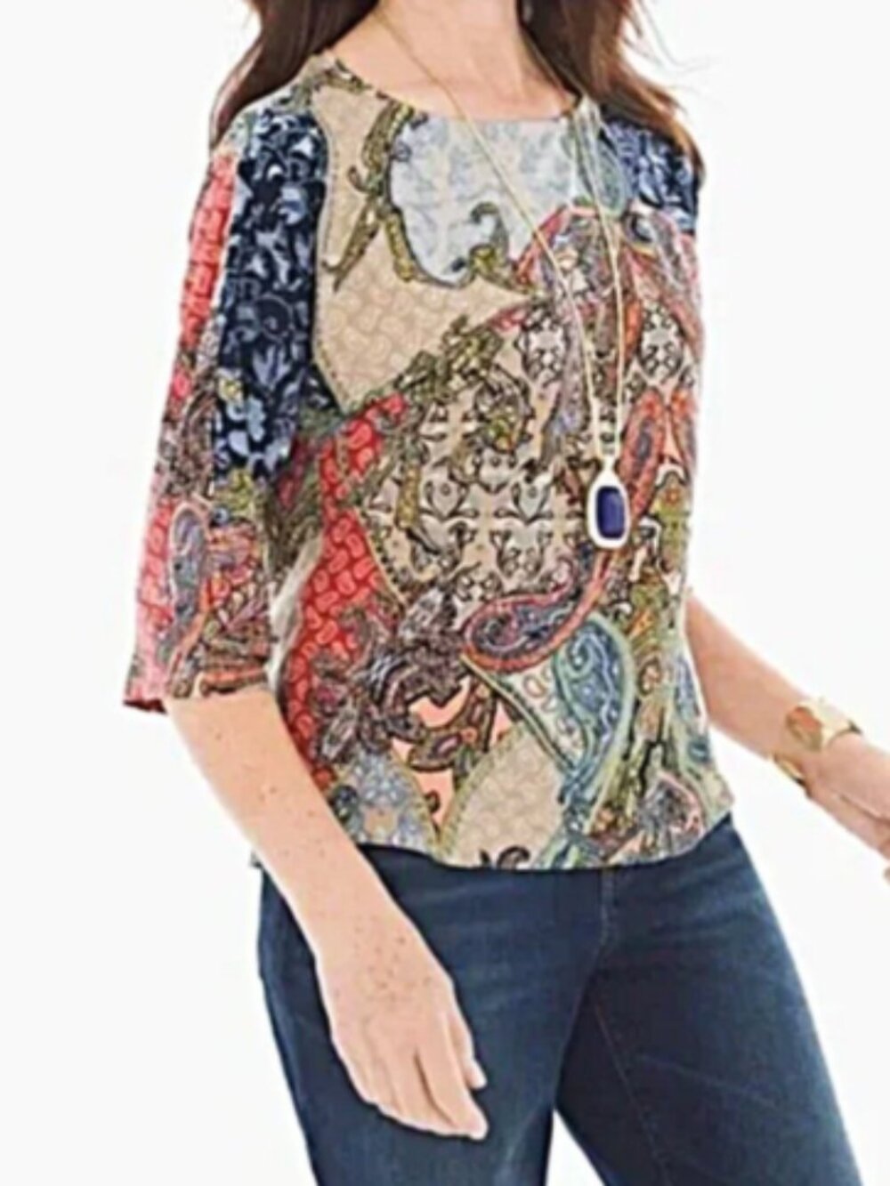 Chicos Maleysia Paisley Jersey Round Neck Top size 1